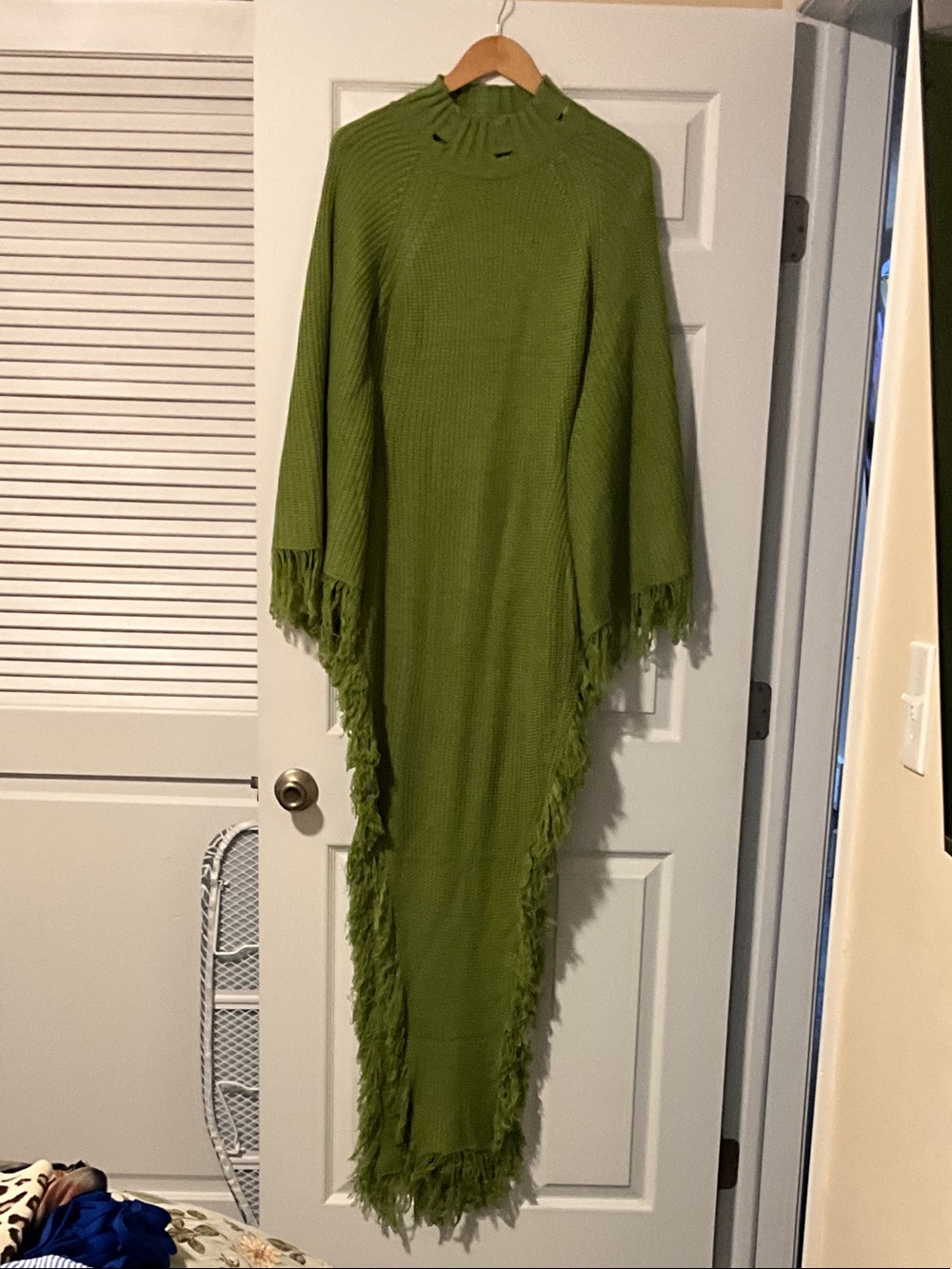 Olive Green Fringe Knit Women's Sweater Poncho